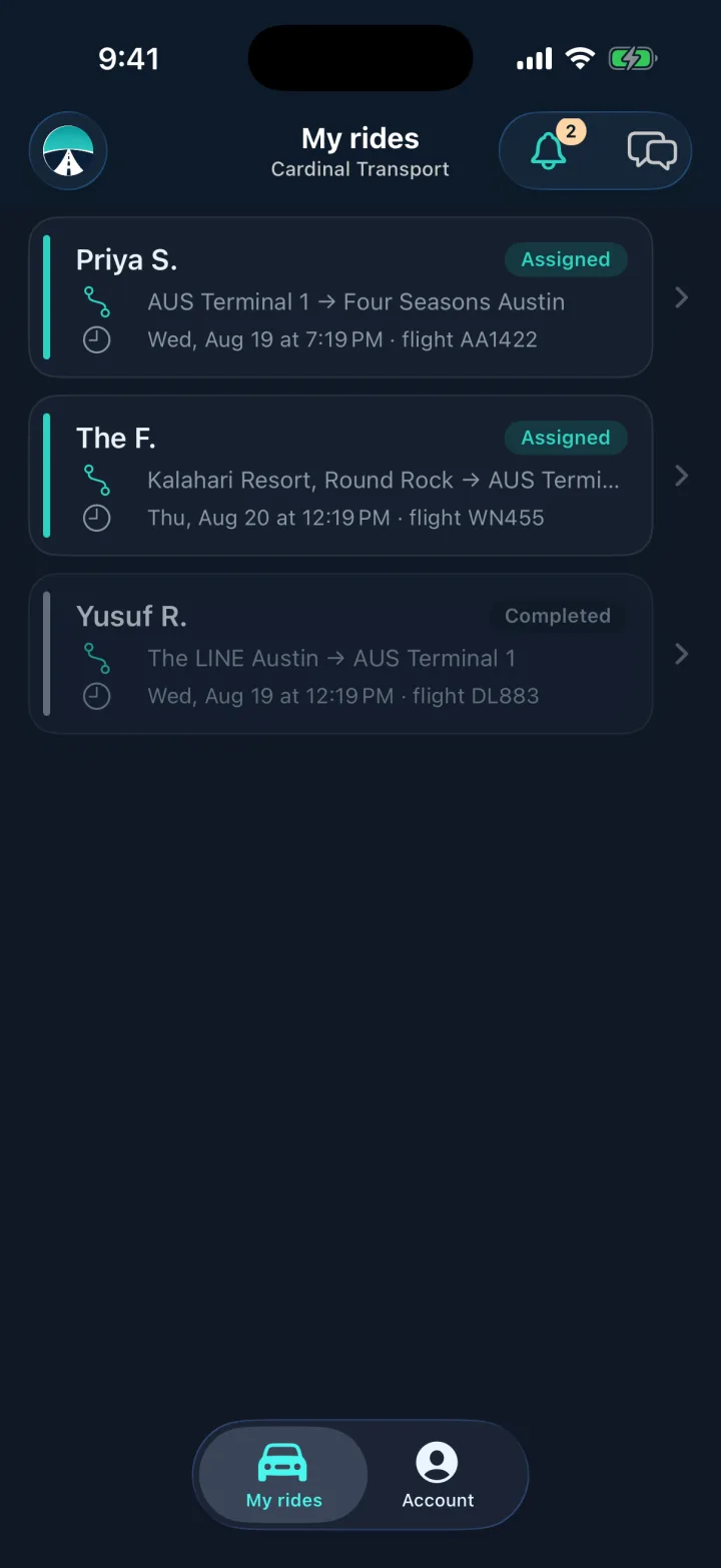 A driver's view: a ride queue of three rides and only two tabs, My rides and Account.