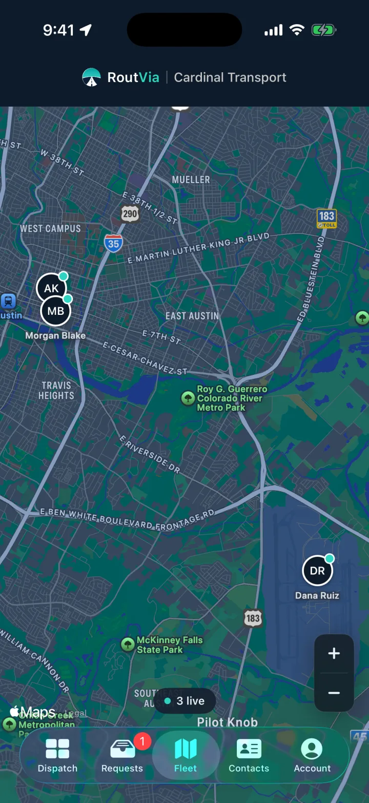 A map of Austin with three drivers shown as live markers, and a badge reading three live.