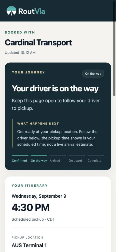 Real passenger ride page for fictional Cardinal Transport, showing the driver-on-the-way status and scheduled pickup.