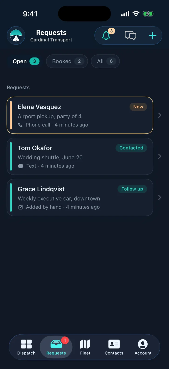 The requests screen showing three requests: one new from a phone call, one contacted by text, and one added by hand awaiting follow up.