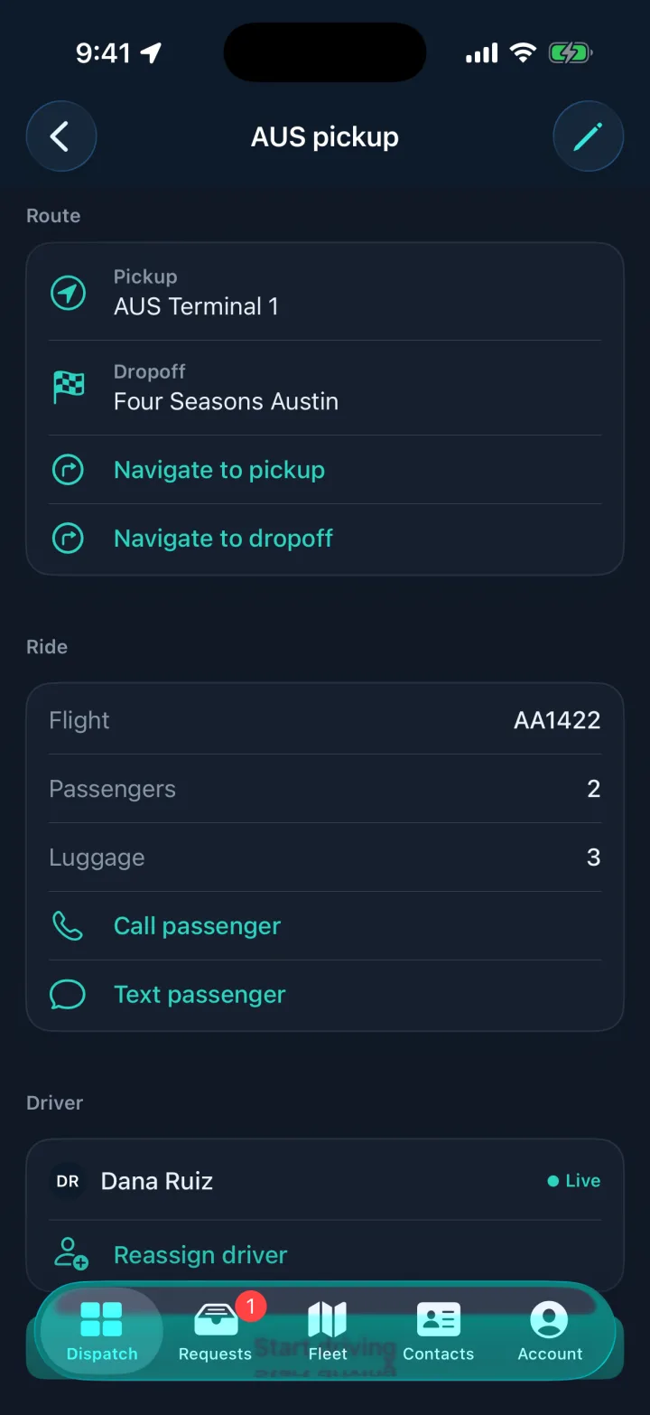 A ride detail screen showing pickup at AUS Terminal 1, dropoff at a hotel, flight AA1422, two passengers, three bags and the assigned driver live.